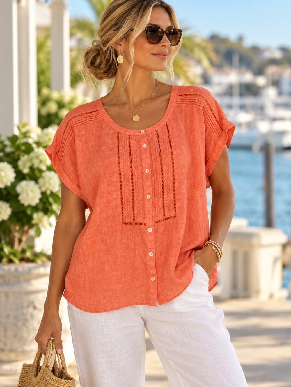 TALBOTS Linen Blouse Womens Plus Size 2X Coral Short Sleeve Pintuck Boho Coastal